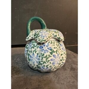 Handcrafted Ceramic Pumpkin Floral Lidded Jar Blue Green Thailand Pottery 6.5"